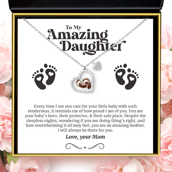 Best Mom to be Gift Idea For Daughter - Pure Silver Babyfeet Heart Necklace Gift Set