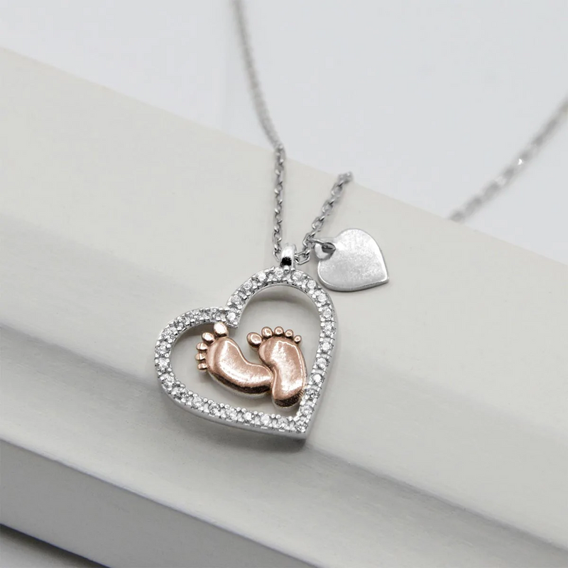 Pregnancy Congratulations Gift For Mom to be - Baby Feet Heart Pure Silver Necklace Gift Set