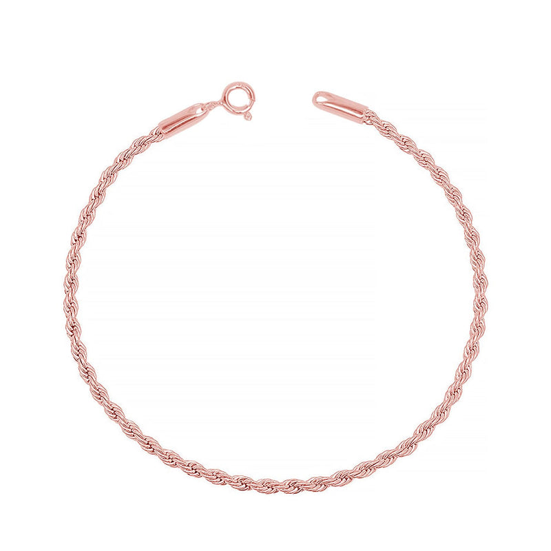 925 Sterling Silver Lightweight 1.8mm Diamond-Cut Braided Rope Chain Anklet Ankle Bracelet for Women - Rose Gold Plating