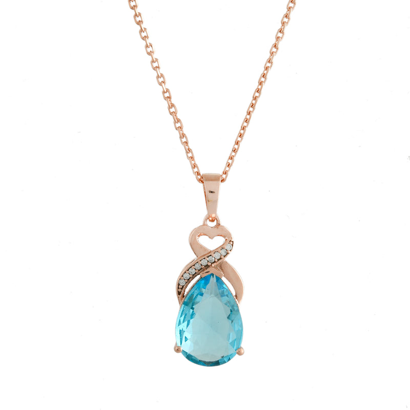 Rose Gold Blue Crystal Necklace - 925 Sterling Silver Pendant Set