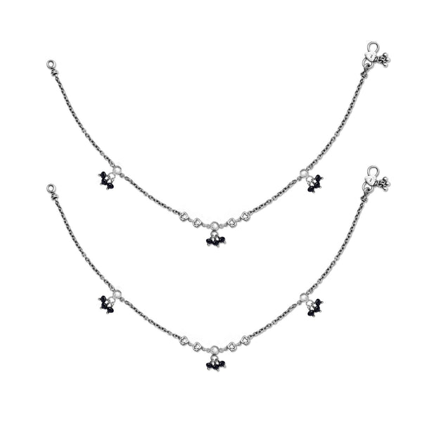 925 Sterling Silver Diamond Cut Black Bead Anklets for Women