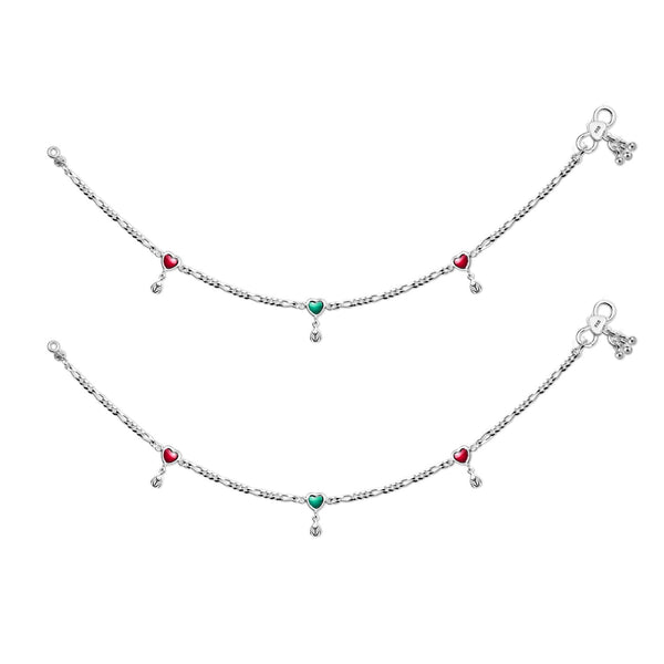 925 Sterling Silver Modern Heart Style Enamel Anklets for Women and Girls-Pair