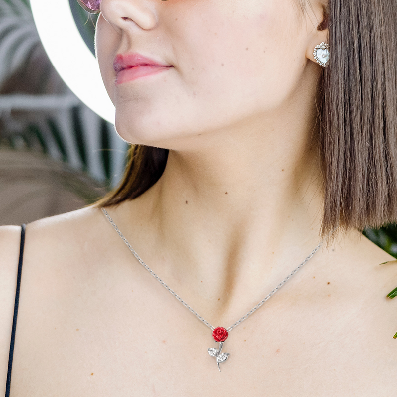 Unique Gift For Granddaughter - Pure Silver Red Rose Necklace Gift Set