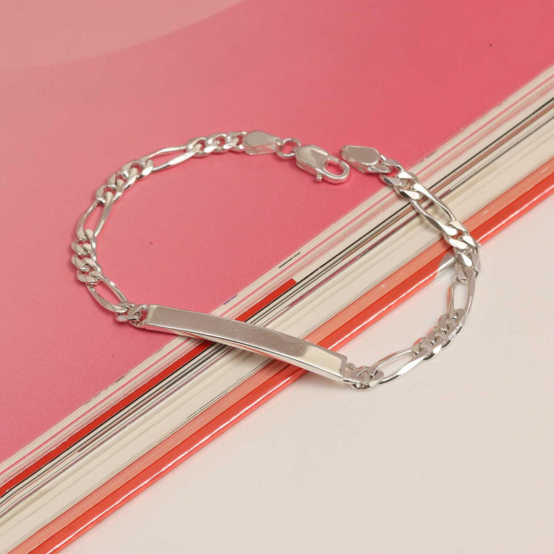 925 Sterling Silver Fancy Figaro Chain ID Bracelet for Men