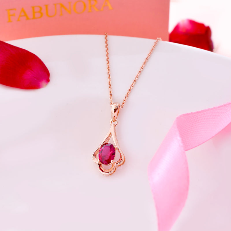 Rose Gold Red Crystal Necklace - 925 Sterling Silver Pendant Set