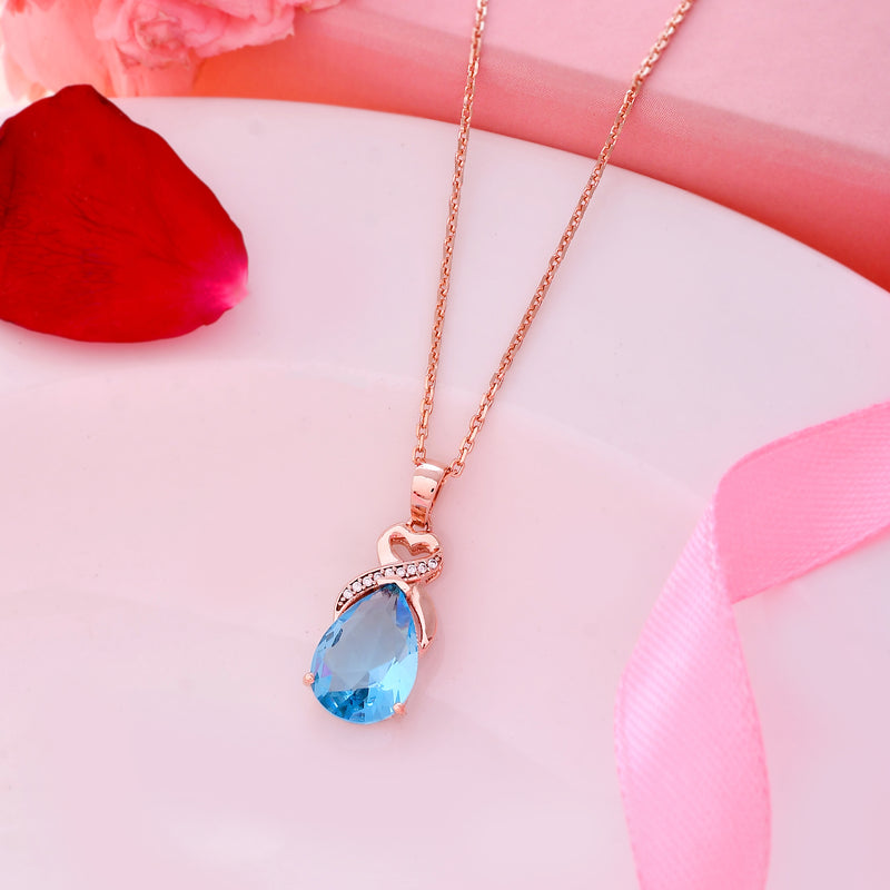 Rose Gold Blue Crystal Necklace - 925 Sterling Silver Pendant Set