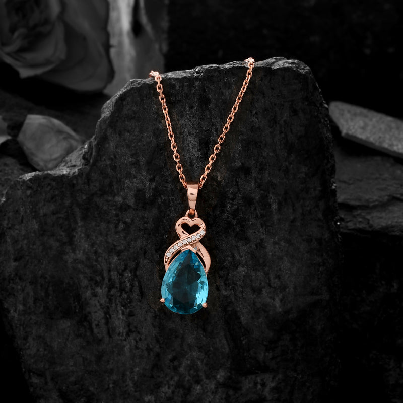 Rose Gold Blue Crystal Necklace - 925 Sterling Silver Pendant Set